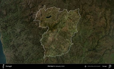 Vila Real. Portekiz 'in idari alanı, Ocak 2020' de çekilen Global Mozaik Sentinel-2 karolarından oluşan koyu renkli bir uydu görüntüsü üzerine vurgulandı ve özetlendi.