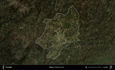 Viseu. Portekiz 'in idari alanı, Ocak 2020' de çekilen Global Mozaik Sentinel-2 karolarından oluşan koyu renkli bir uydu görüntüsü üzerine vurgulandı ve özetlendi.