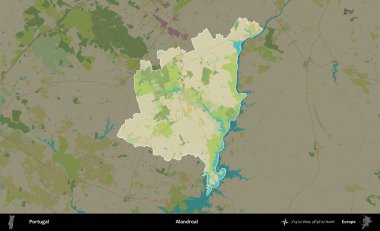 Alandroal. Portekiz 'in idari alanı koyu renkli bir Topografik İnsani Yardım Stili haritasına vurgulandı ve özetlendi