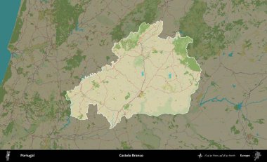 Castelo Branco. Portekiz 'in idari alanı koyu renkli bir Topografik İnsani Yardım Stili haritasına vurgulandı ve özetlendi