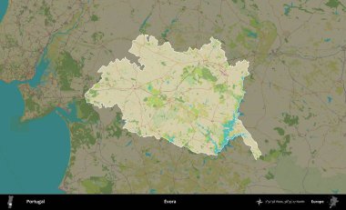 Evora. Portekiz 'in idari alanı koyu renkli bir Topografik İnsani Yardım Stili haritasına vurgulandı ve özetlendi