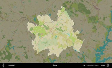 Evora. Portekiz 'in idari alanı koyu renkli bir Topografik İnsani Yardım Stili haritasına vurgulandı ve özetlendi