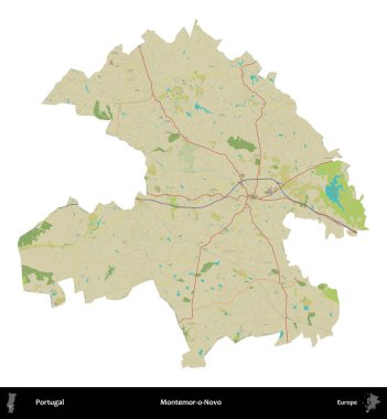 Montemor-o-Novo. Portekiz 'in idari bölgesi Topografik İnsani Stil Haritasında beyaza izole edildi