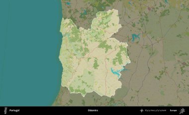 Odemira. Portekiz 'in idari alanı koyu renkli bir Topografik İnsani Yardım Stili haritasına vurgulandı ve özetlendi