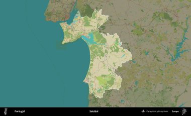 Setubal. Portekiz 'in idari alanı koyu renkli bir Topografik İnsani Yardım Stili haritasına vurgulandı ve özetlendi