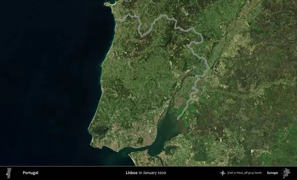 Lisboa. Portekiz 'in idari alanı, Ocak 2020' de çekilen Global Mozaik Sentinel-2 karolarından oluşan bir uydu görüntüsünde özetlenmiştir.