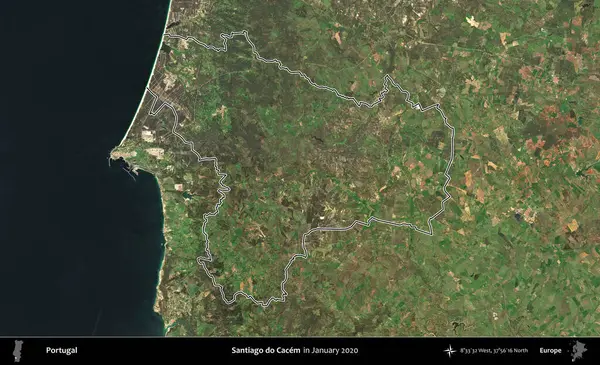 Santiago Cacem 'i yap. Portekiz 'in idari alanı, Ocak 2020' de çekilen Global Mozaik Sentinel-2 karolarından oluşan bir uydu görüntüsünde özetlenmiştir.