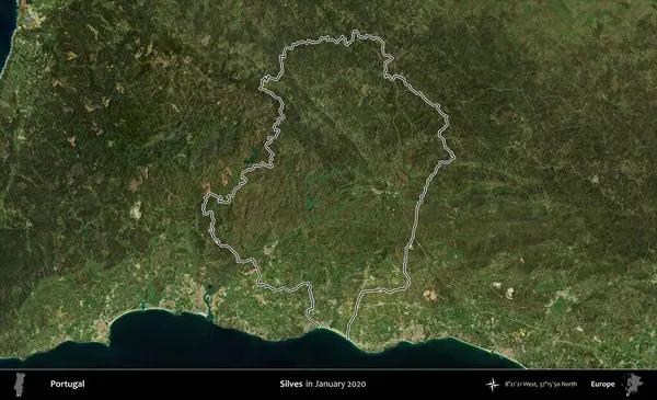 Silves. Portekiz 'in idari alanı, Ocak 2020' de çekilen Global Mozaik Sentinel-2 karolarından oluşan bir uydu görüntüsünde özetlenmiştir.