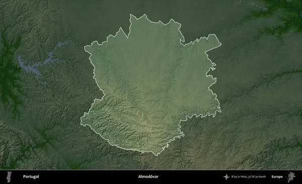 Almodovar. Portekiz 'in idari alanı koyu renkli bir yükseklik haritasına vurgulanmış ve özetlenmiştir