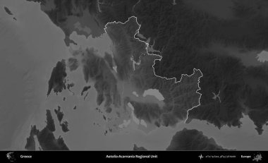 Aetolia-Acarnania Bölgesel Birimi. Yunanistan 'ın idari alanı kararmış bir gri tonlama yükseklik haritasına vurgulandı ve ana hatları çizildi