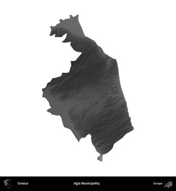 Agia Belediyesi. Yunanistan 'ın idari bölgesi gri ölçekli yükseklik haritasında beyaza izole edildi