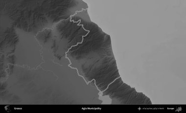 Agia Belediyesi. Yunanistan 'ın idari bölgesi gri ölçekli bir yükselme haritasında özetlendi
