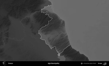 Agia Belediyesi. Yunanistan 'ın idari alanı kararmış bir gri tonlama yükseklik haritasına vurgulandı ve ana hatları çizildi