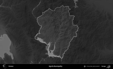 Agrafa Belediyesi. Yunanistan 'ın idari alanı kararmış bir gri tonlama yükseklik haritasına vurgulandı ve ana hatları çizildi
