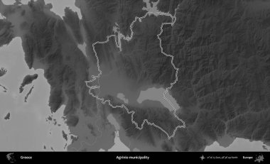 Agrinio belediyesi. Yunanistan 'ın idari bölgesi gri ölçekli bir yükselme haritasında özetlendi