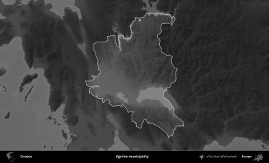 Agrinio belediyesi. Yunanistan 'ın idari alanı kararmış bir gri tonlama yükseklik haritasına vurgulandı ve ana hatları çizildi