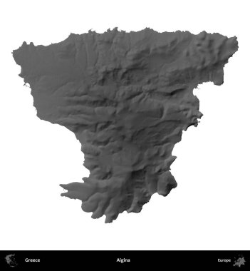 Aigina. Yunanistan 'ın idari bölgesi gri ölçekli yükseklik haritasında beyaza izole edildi