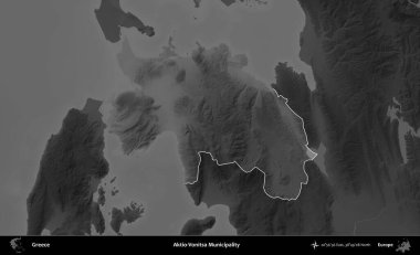 Aktio-Vonitsa Belediyesi. Yunanistan 'ın idari alanı kararmış bir gri tonlama yükseklik haritasına vurgulandı ve ana hatları çizildi