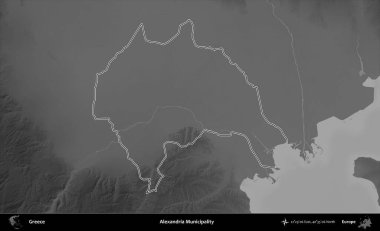 İskenderiye Belediyesi. Yunanistan 'ın idari bölgesi gri ölçekli bir yükselme haritasında özetlendi