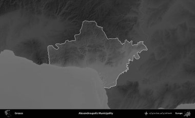 Dedeağaç Belediyesi. Yunanistan 'ın idari alanı kararmış bir gri tonlama yükseklik haritasına vurgulandı ve ana hatları çizildi