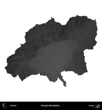 Almopia Belediyesi. Yunanistan 'ın idari bölgesi gri ölçekli yükseklik haritasında beyaza izole edildi