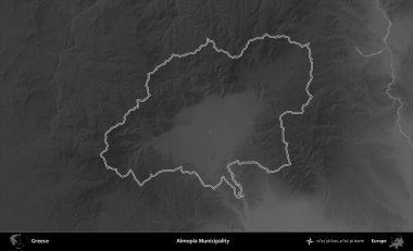 Almopia Belediyesi. Yunanistan 'ın idari bölgesi gri ölçekli bir yükselme haritasında özetlendi
