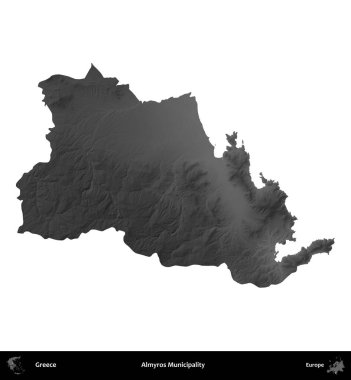 Almyros Belediyesi. Yunanistan 'ın idari bölgesi gri ölçekli yükseklik haritasında beyaza izole edildi