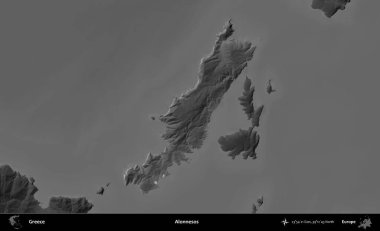 Yalnızlar. Yunanistan 'ın idari alanı kararmış bir gri tonlama yükseklik haritasına vurgulandı ve ana hatları çizildi