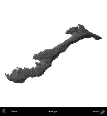 Amorgolar. Yunanistan 'ın idari bölgesi gri ölçekli yükseklik haritasında beyaza izole edildi