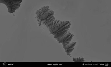 Andros Bölgesel Birimi. Yunanistan 'ın idari alanı kararmış bir gri tonlama yükseklik haritasına vurgulandı ve ana hatları çizildi