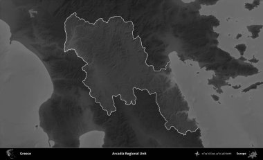 Arcadia Bölgesel Birimi. Yunanistan 'ın idari alanı kararmış bir gri tonlama yükseklik haritasına vurgulandı ve ana hatları çizildi