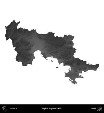 Argolis Bölgesel Birimi. Yunanistan 'ın idari bölgesi gri ölçekli yükseklik haritasında beyaza izole edildi