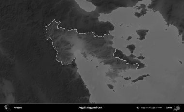 Argolis Bölgesel Birimi. Yunanistan 'ın idari alanı kararmış bir gri tonlama yükseklik haritasına vurgulandı ve ana hatları çizildi