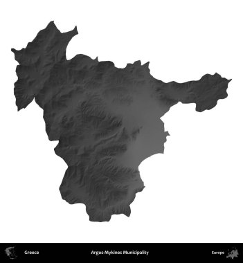Argos-Mykines Belediyesi. Yunanistan 'ın idari bölgesi gri ölçekli yükseklik haritasında beyaza izole edildi