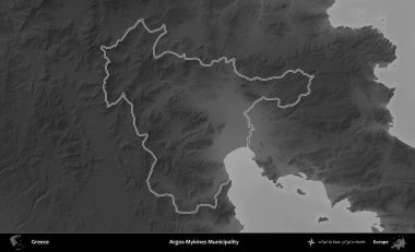 Argos-Mykines Belediyesi. Yunanistan 'ın idari bölgesi gri ölçekli bir yükselme haritasında özetlendi