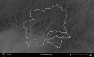 Arriana Belediyesi. Yunanistan 'ın idari bölgesi gri ölçekli bir yükselme haritasında özetlendi