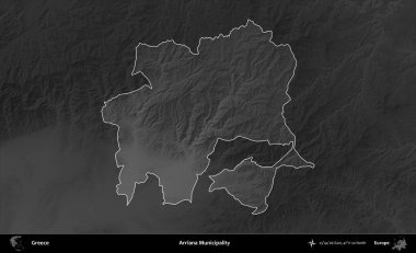 Arriana Belediyesi. Yunanistan 'ın idari alanı kararmış bir gri tonlama yükseklik haritasına vurgulandı ve ana hatları çizildi