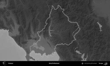 Arta Bölgesi. Yunanistan 'ın idari bölgesi gri ölçekli bir yükselme haritasında özetlendi