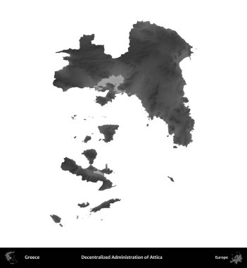 Attica. Yunanistan 'ın idari bölgesi gri ölçekli yükseklik haritasında beyaza izole edildi