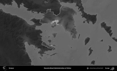 Attica. Yunanistan 'ın idari alanı kararmış bir gri tonlama yükseklik haritasına vurgulandı ve ana hatları çizildi