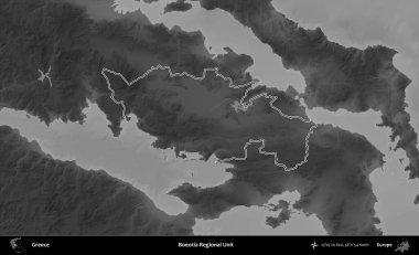 Boeotia Bölgesel Birimi. Yunanistan 'ın idari bölgesi gri ölçekli bir yükselme haritasında özetlendi