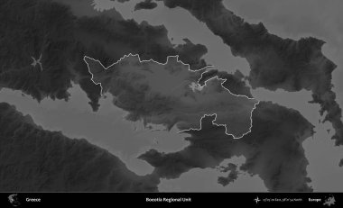 Boeotia Bölgesel Birimi. Yunanistan 'ın idari alanı kararmış bir gri tonlama yükseklik haritasına vurgulandı ve ana hatları çizildi