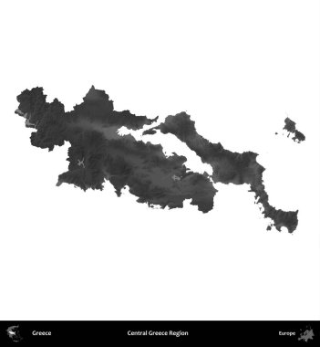 Orta Yunanistan Bölgesi. Yunanistan 'ın idari bölgesi gri ölçekli yükseklik haritasında beyaza izole edildi