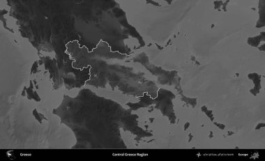 Orta Yunanistan Bölgesi. Yunanistan 'ın idari alanı kararmış bir gri tonlama yükseklik haritasına vurgulandı ve ana hatları çizildi