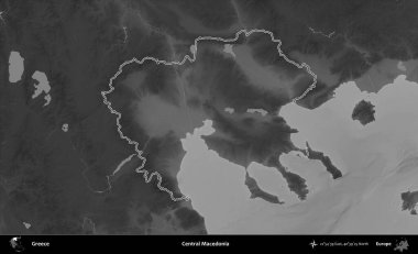 Orta Makedonya. Yunanistan 'ın idari bölgesi gri ölçekli bir yükselme haritasında özetlendi