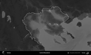 Orta Makedonya. Yunanistan 'ın idari alanı kararmış bir gri tonlama yükseklik haritasına vurgulandı ve ana hatları çizildi