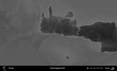 Chania Bölgesel Birimi. Yunanistan 'ın idari alanı kararmış bir gri tonlama yükseklik haritasına vurgulandı ve ana hatları çizildi