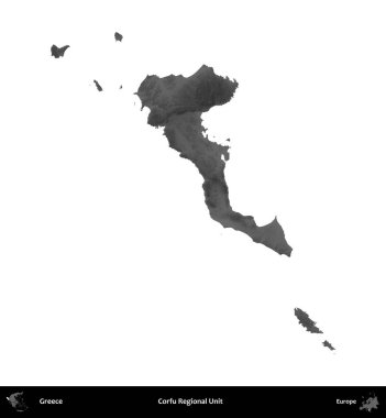 Korfu Bölgesel Birimi. Yunanistan 'ın idari bölgesi gri ölçekli yükseklik haritasında beyaza izole edildi