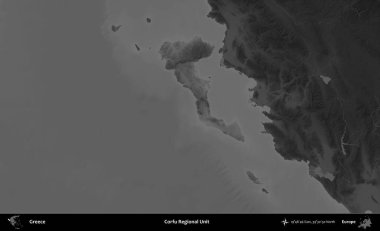 Korfu Bölgesel Birimi. Yunanistan 'ın idari alanı kararmış bir gri tonlama yükseklik haritasına vurgulandı ve ana hatları çizildi