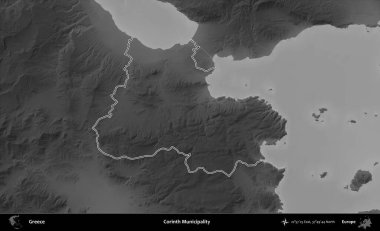 Corinth Belediyesi. Yunanistan 'ın idari bölgesi gri ölçekli bir yükselme haritasında özetlendi